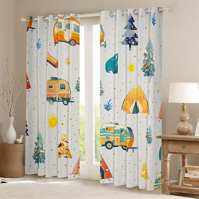 Feelyou Adventure Camping Blackout Curtains Camper Picnic Darkening Drapes for Bedroom Living Room Decor Happy Camping Thermal Insulated Shades Window Treatments, 2 Panels 52 x 63 Inch