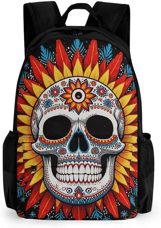 Supdreamc Men Women Polyester Sugar Skull Sun Backpack Large Capacity Bookbag With Smooth Zippers for Climbing Picnic Bicycle