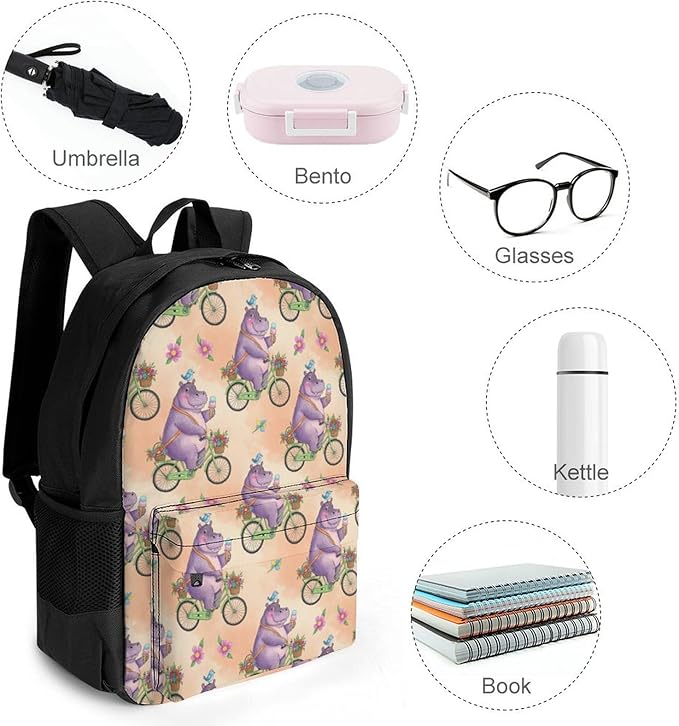 Adults Lightweight Hippo Hippopotamus On Bike Shoulder Book Bags Big Capacity Shoulder Bag With Adjustable Shoulder Straps for Trekking Work Walking Cycling