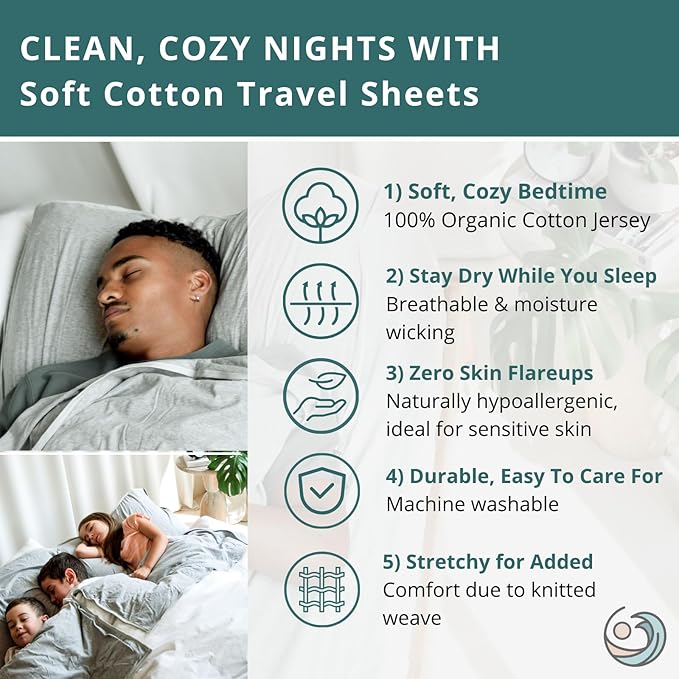 Soft Cotton Sleeping Bag Liner – 100% Organic Jersey Cotton Travel Sheet with Full Zipper, Lightweight Camping Sheet for Hotel & Travel, Single or Double Convertible Stretchy Sleep Sack for Adults