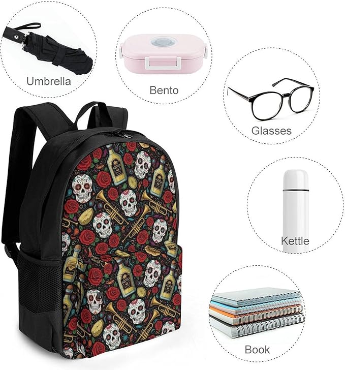 Lightweight Rucksacks for Camping Picnic Walking Cycling, Large Capacity Multipurpose Anti-Theft Carry On Bag, Vintage Day Of Dead Sugar Skulls Rose Flowers Cactus Travel Hiking Camping Rucksack