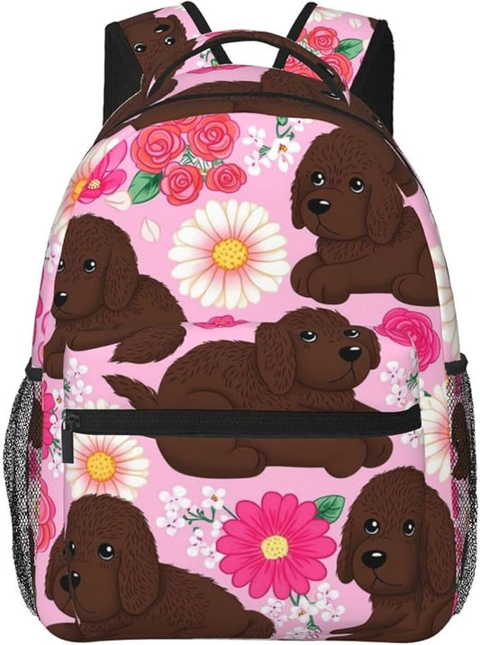 Lightweight Daypack Bookbag for Trekking Business Walking Cycling, Big Capacity Anti-Theft Multipurpose Carry On Bag, Golden Retriever Dog Pink Flower Business Computer Bag