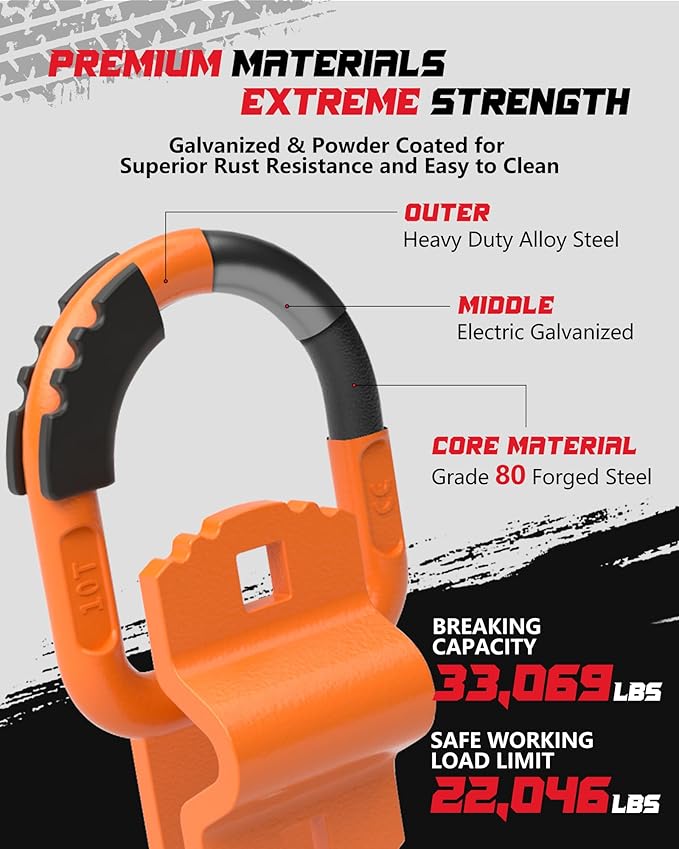 D-Ring Tie Down Anchors with Rubber Isolators, 4 Pack Heavy Duty 10 Ton Capacity Carbon Steel, Bolt-On with Mounting Hardware, Zinc & Powder Coated for Trailer, Truck, Pickup, Garage-Orange