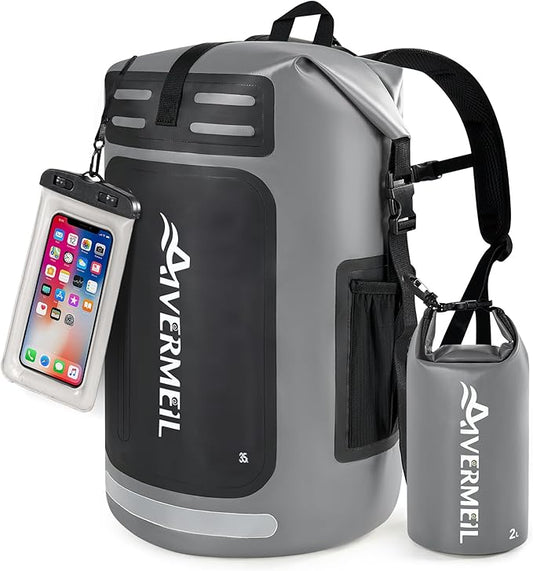 Dry Bag 35L for Men & Women Roll-Top Hiking Backpack with IPX8 Waterproof Phone Case & Detachable Mini Backpack for Kayaking Boating Cushioned Padded Back Grey