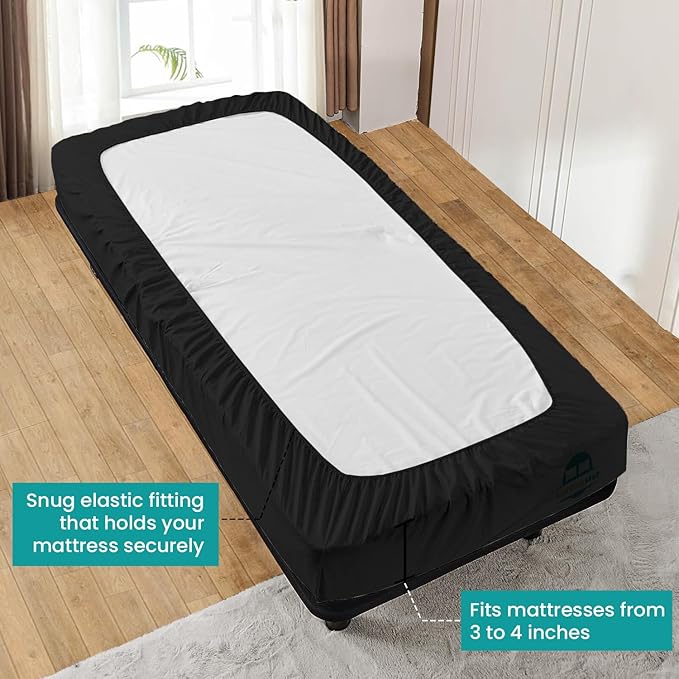 Queen Fitted Sheet 60 x 80 Inches 4" Deep Pocket 100% Egyptian Cotton 600 Thread Count Snug Fit for Trifold Mattress, Narrow Twin, Camp Bunk, Guest Bed, Army Cot Soft & Breathable – Black