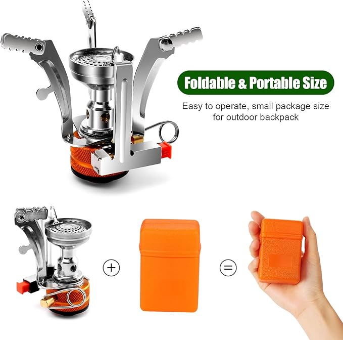 Odoland 8pcs Camping Cookware Mess Kit, Camping Pot and Pan Set with Mini Backpacking Stove, Stainless Steel Cup, Spork and Tank Bracket, Cooking Gear for Outdoor, Hiking, Picnic, Campfire