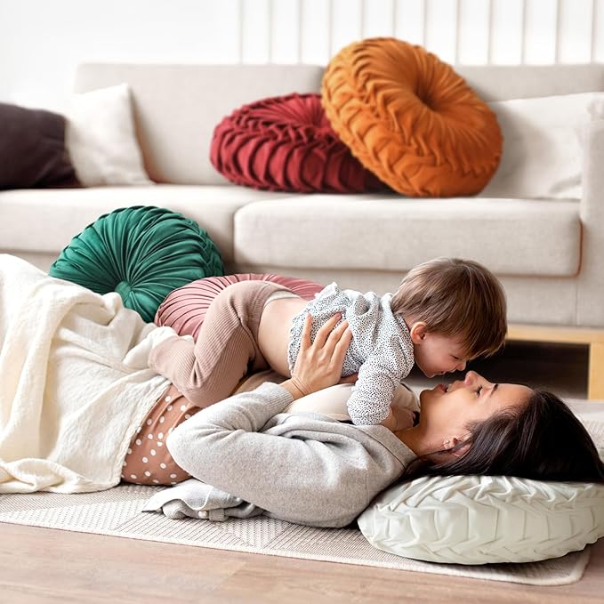 Round Throw Pillow Velvet Home Decoration Pleated Round Pillow Cushion for Couch Chair Bed Car Light Green