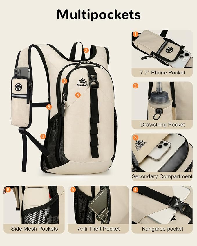 Folding Hiking Backpack with Phone Pocket for Men Women, Small Ultralight Packable Casual Daypack with Shoulder Chest Straps for Travel, 15L Foldable Lightweight Day Pack, Beige