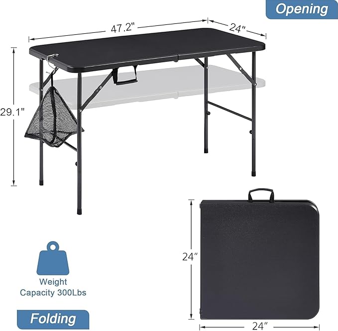 VECELO Folding Table 4 Foot with Mesh Bag, Indoor Outdoor Heavy-Duty Portable w/Handle,Fold-in-Half for Picnic, Party, Camping, Matte Black