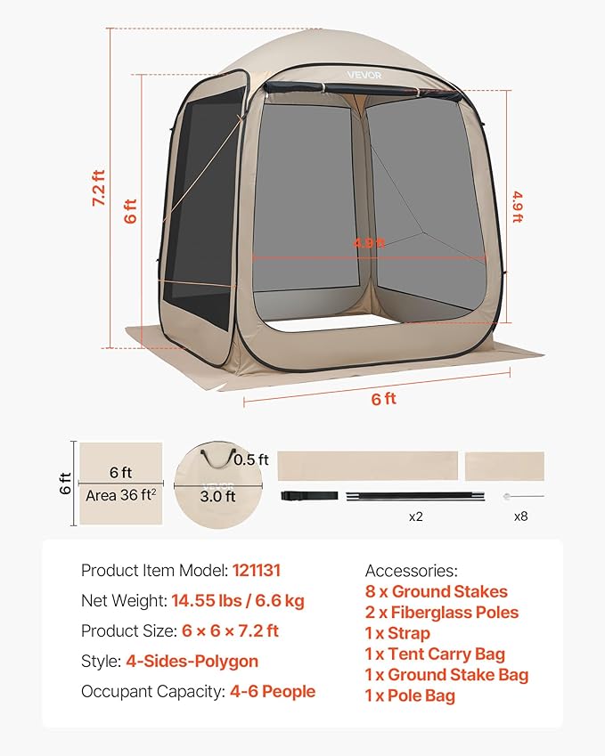Screen House Tent VEVOR 6x6FT Pop-Up Screen Tent for 4–6 Person, Portable Screen Room Gazebo with Netting, Carry Bag & Ground Stakes, Instant Screen Canopy for Patio Backyard Garden Camping