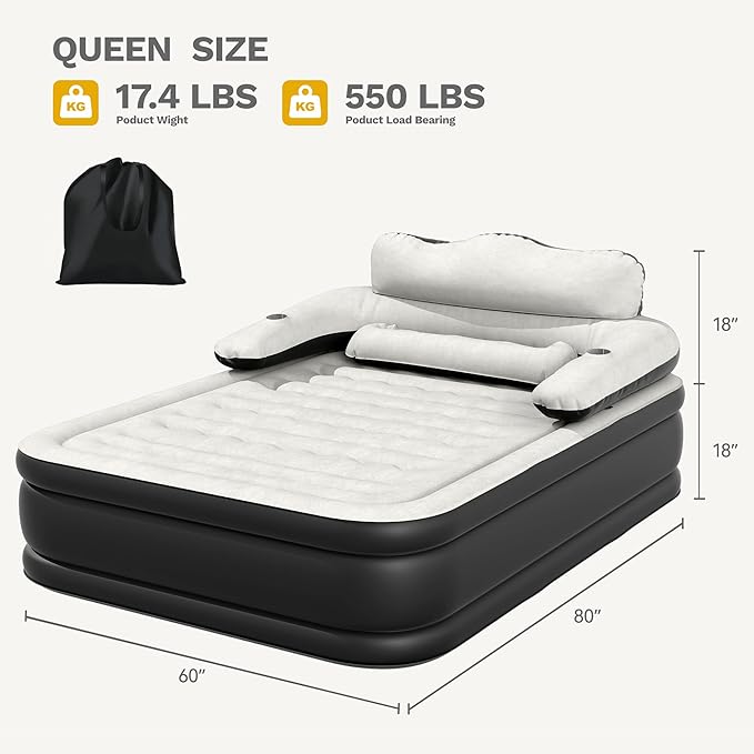 DWVO Queen Size Air Mattress with Headboard & Cup Holders, Blow Up Bed with Built-in Pump & Carry Bag, Fast Inflation Air Bed for Home, Guests & Camping, 60" x 80" x 36", Gray