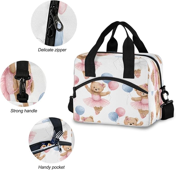 ALAZA Ballerina Bear Balloon Pattern Lunch Box for Men Women Adults Insulated Lunch Bag Cooler Bag with Adjustable Shoulder Strap for Work Picnic Travel
