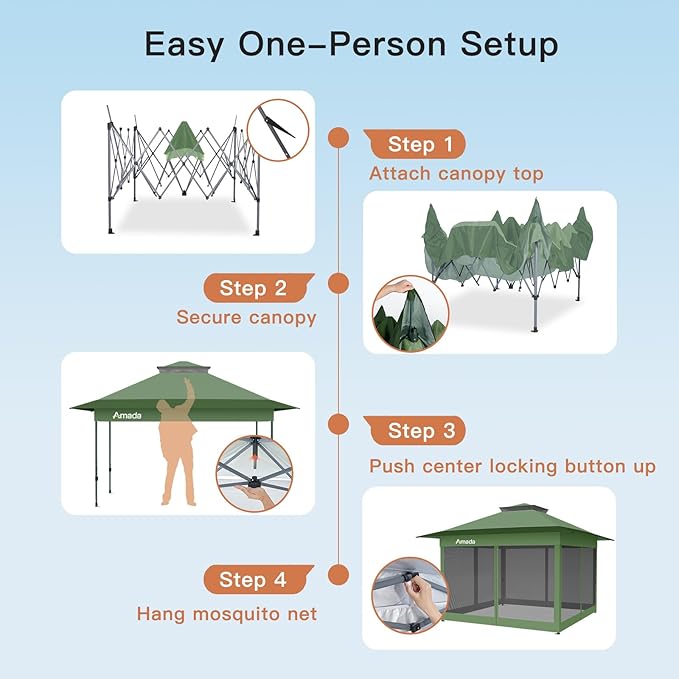 Amada 13x13 Pop Up Gazebo for Backyard & Patio Furniture,Gazebos on Clearance with Wheeled STO-N-Go Cover Bag,Carpa Pop Up Tent Party Tent and Shelter with Mosquito Netting for Lawn,Garden,Deck,Green