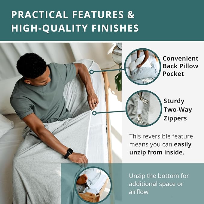 Soft Cotton Sleeping Bag Liner – 100% Organic Jersey Cotton Travel Sheet with Full Zipper, Lightweight Camping Sheet for Hotel & Travel, Single or Double Convertible Stretchy Sleep Sack for Adults