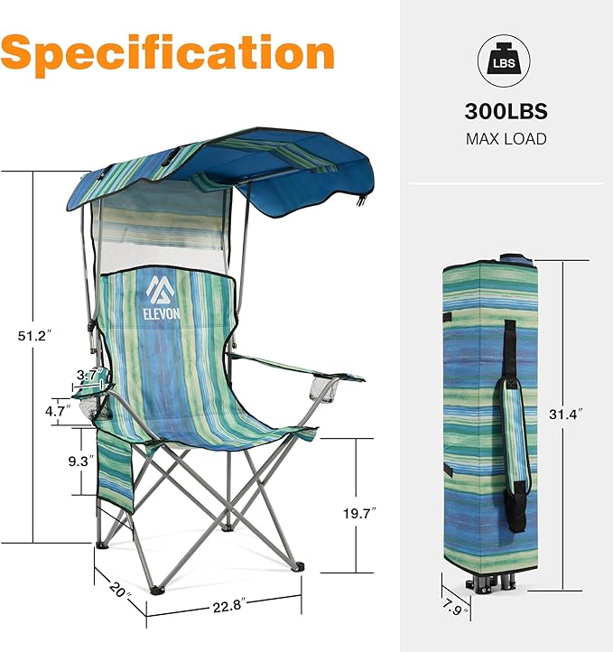 Elevon Camping Chair, Oversized Folding Chair with Canopy, Portable Outdoor Chair with Arms, Cup Holder and Carry Bag for Camping, Fishing, Beach, and Sports, Turquoise