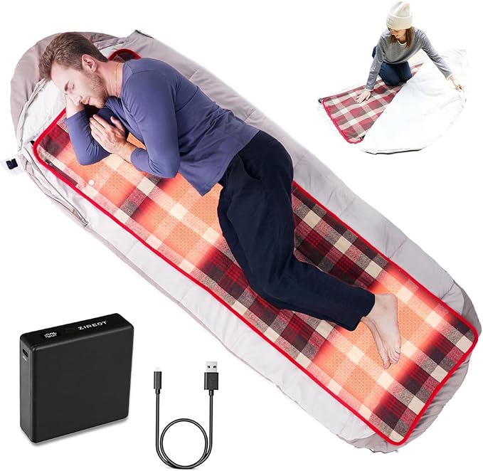 Battery Operated Heated Sleeping Pad for Sleeping Bag -3 Heating Zones with Battery Pack Waterproof Anti-Slip Far Infrared Heating Ideal for Cold Weather Camping Heated Sleeping Bag Liner
