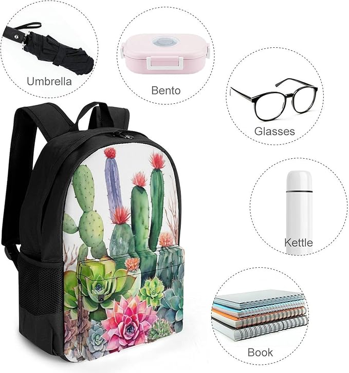 Men Women Lightweight Natural Cactus In Boho Style Flowers Twigs Cactus Backpack Large Capacity Carry On Bag With Padded Straps for Sports Work Walking Cycling