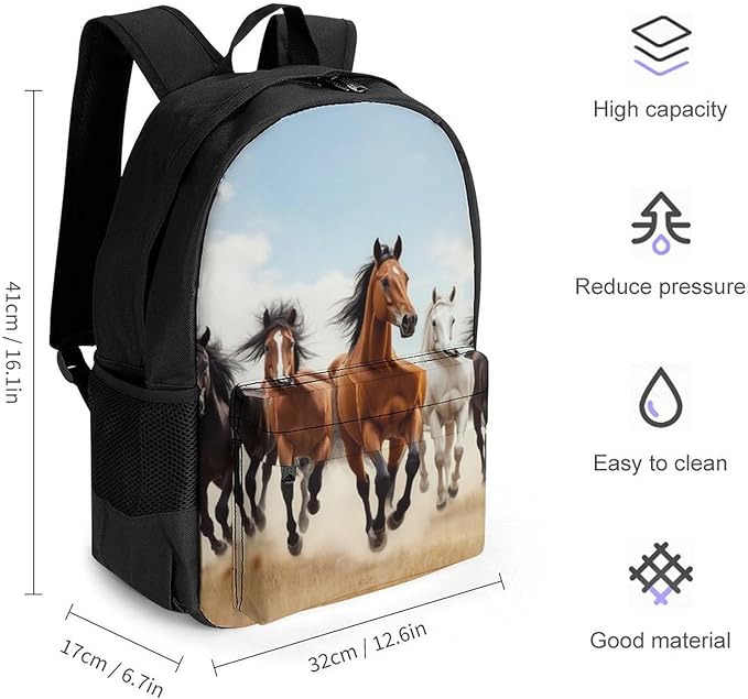 Men Women Polyester Wild Animal Running Horses Art Daypack Bookbag Big Capacity Shoulder Bag With Padded Straps for Climbing Travel Walking Cycling