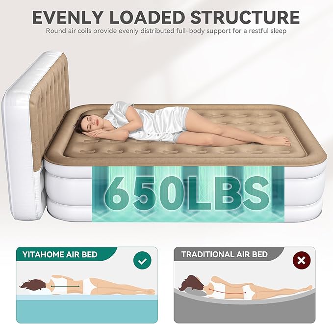 YITAHOME 18'' Flocked Top Queen Air Mattress with Built-in Pump and Headboard, Durable Inflatable Bed, Blow-Up Mattress for Indoor and Outdoor Use, Brown