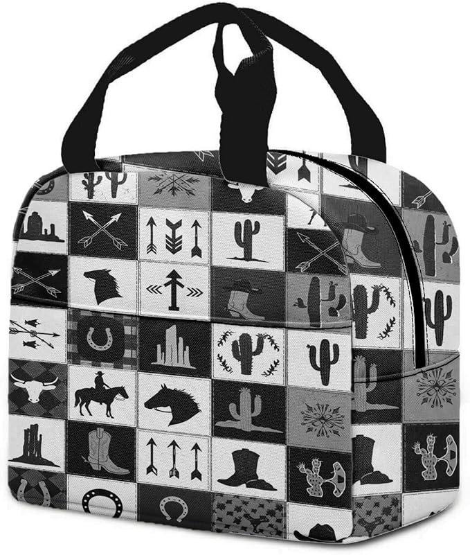 Western Retro Denim Insulated Lunch Bag Bear Deer Bird Nature Landscape Cactus Thermal Tote Portable Size (04)