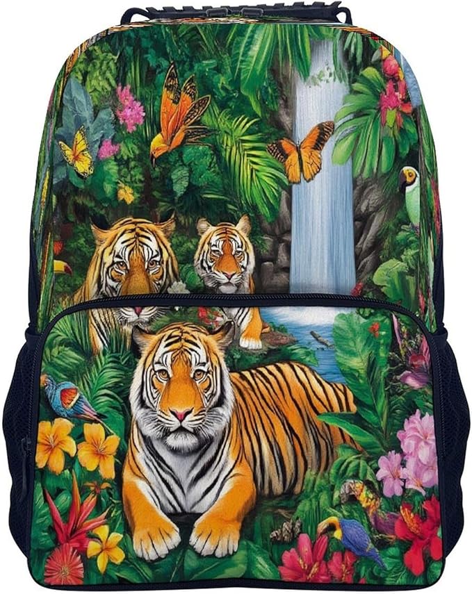 Women Men Polyester Tropical Jungle Parrot Birds Tiger Art Casual Daypack Large Capacity Bookbag With Side Pockets for Sports Picnic Walking Cycling