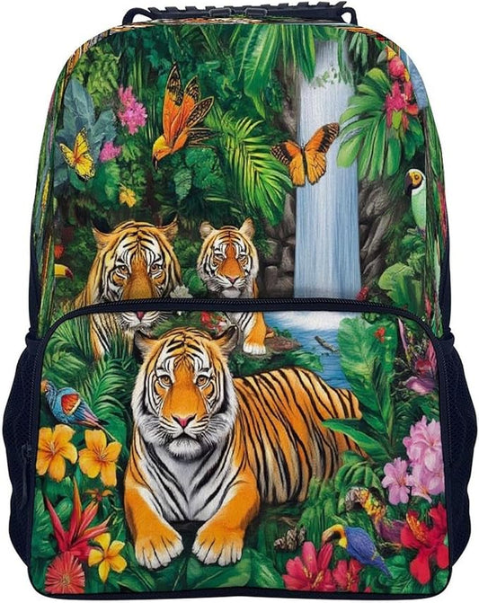 Women Men Polyester Tropical Jungle Parrot Birds Tiger Art Casual Daypack Large Capacity Bookbag With Side Pockets for Sports Picnic Walking Cycling