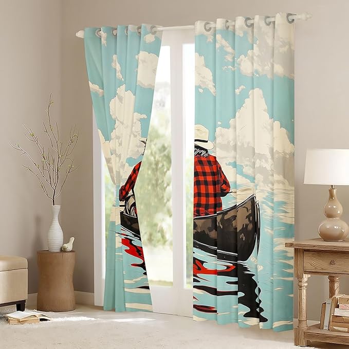 Manfei Go Boating Kids Blackout Curtains,Rowing Boat Lake Adventure Nursery Bedroom Playroom Decor,Row Paddle Cloud Natural Window Drapes,Teal 2 Panels,52Wx63L inch