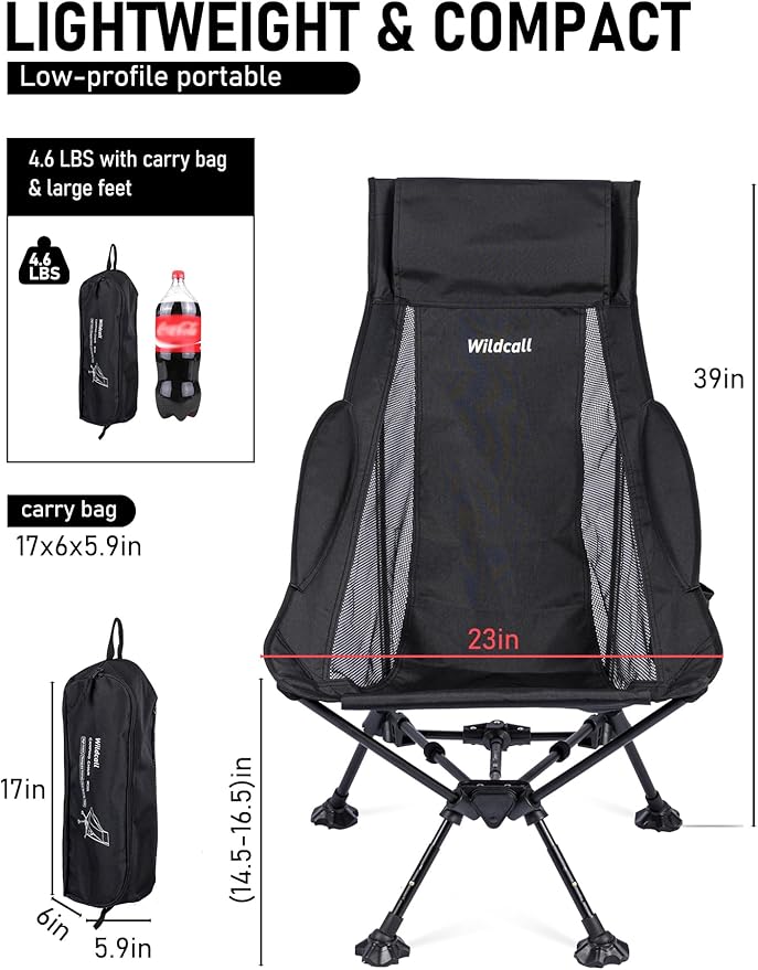 WildCall Lightweight Folding High Back Camping Chair with Head Support, Compact Beach Chair with Anti-Sinking Large Feet and Three Tilt Angles Adjustment