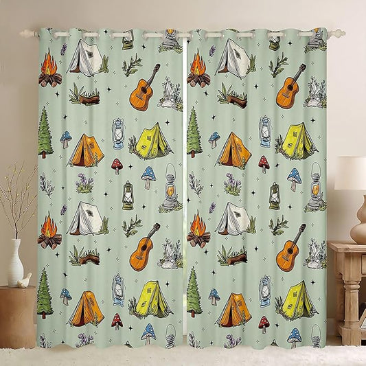 Feelyou Green Camping Camper Curtains for Bedroom Living Room Campfire Music Guitar Blackout Shades Happy Camping Room Darkening Curtain Window Treatments, 2 Panels 42 x 84 Inch Decor