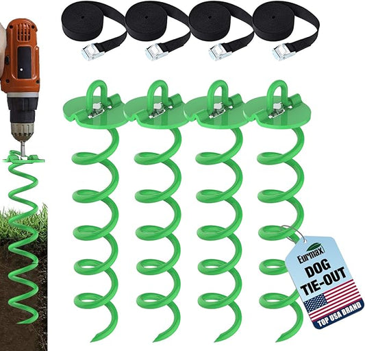 Eurmax USA 4-Pc Pack Spiral Stakes Heavy Duty Anchor Kit Ice Screw Anchor for Trampoline, Tents, tarps, Canopies,car Ports,Dog tie Out and etc Bonus Tie Down Straps 4-Pc Pack (Green)