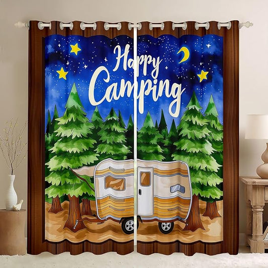 Erosebridal Kids Camper Blackout Curtains for Bedroom Living Room Happy Camping Window Curtains 2 Panels 42" Wx90 L Rustic Camp Travel Car Drapes,Camping Adventure Forest Window Treatments