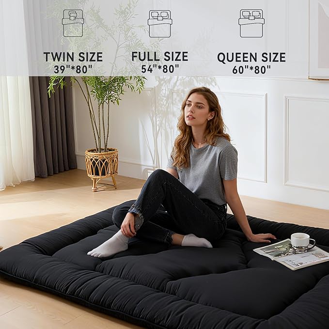 Japanese Floor Mattress, 3.5" Thicken Futon Mattress Tatami Mat, High Density Foam Support for Adult Kids Sleep, Portable Futon Sofa Bed for Camping, Pet Mat, Full 80"x 54"（Black）