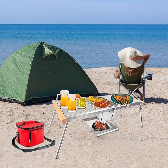 YBTMG 2-in-1 Folding IGT Camping Table with Charcoal Grill, 31.7x17.3" Stainless Steel Multifunctional BBQ Grill Desk for Garden Backyard Party Picnic Travel