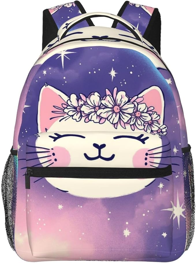Backpack Multipurpose Anti-Theft Large Capacity Bookbag, Cute Rainbow Cat Face Art Travel Hiking Daypack With Side Pockets