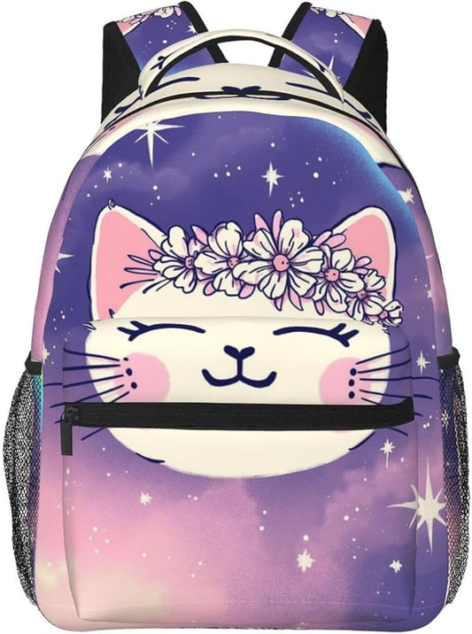 Backpack Multipurpose Anti-Theft Large Capacity Bookbag, Cute Rainbow Cat Face Art Travel Hiking Daypack With Side Pockets
