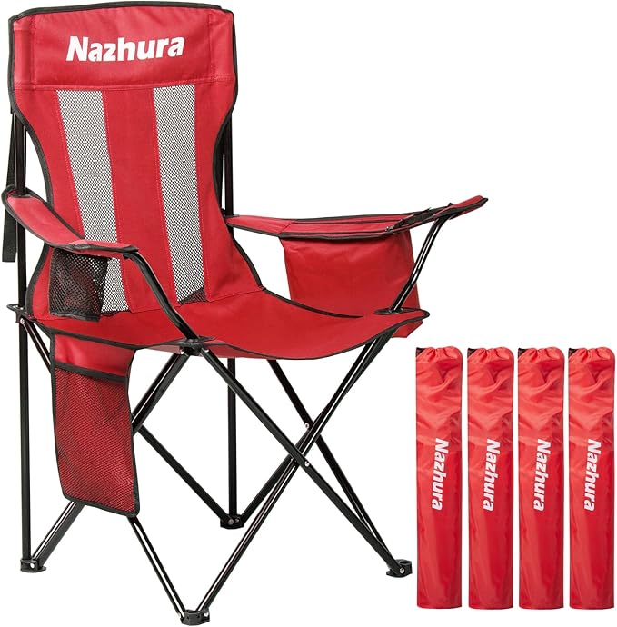 Nazhura 4 Pack Outdoor Camping Chairs Folding/Foldable/Portable with Cooler Pouch, Mesh Backrest and Cup Holder Pocket (Red, 4 Pack)