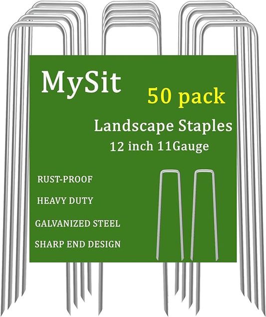 MySit 12" Garden Stakes Pins Landscape Staples 11Ga Tent Stakes 50 Pack, Heavy Duty Galvanized Steel Metal Yard Stakes Ground Lawn Staples Fence Anchors for Weed Barrier Fabric