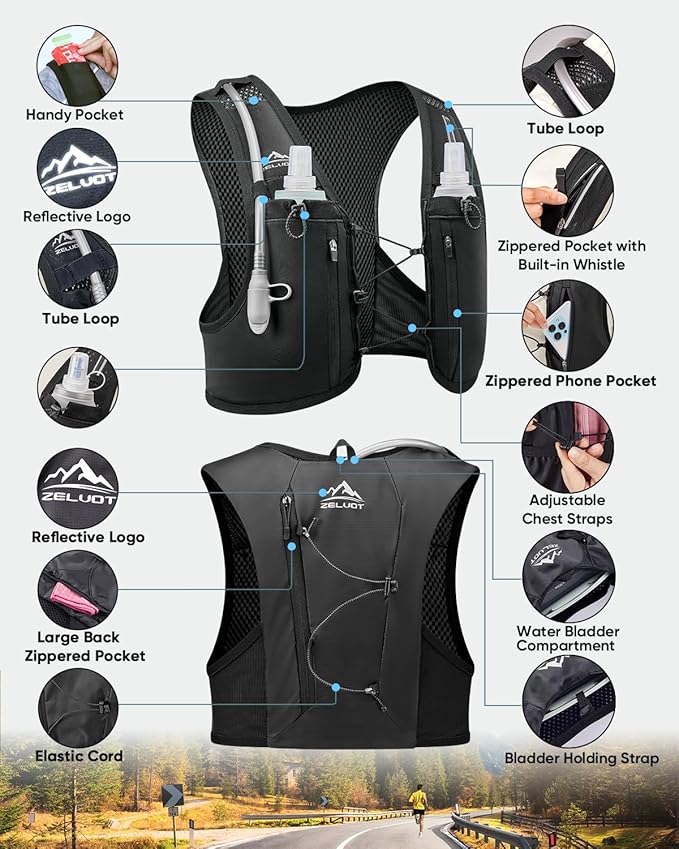 Running Vest for Women Men, USA Original Patent, Lightweight Adjustable Running Hydration Vest with 2L Water Bladder, Reflective Hydration Backpack for Marathon Hiking