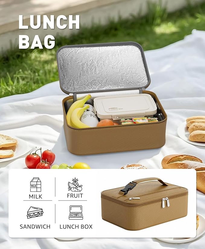 Small Lunch Box Insulated Lunch Bag for Women Men, Bento Kids Lunch Box, Compact Portable Thermal Meal Cooler Bags with Buckle Handle for Work & School, Khaki 5L