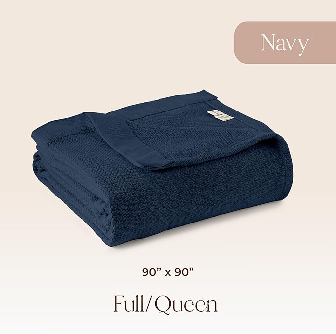 100% Organic Cotton Blanket - GOTS & Fairtrade Certified Organic Cotton Throw Blanket for Bed with Soft Warm & Breathable Single Knit Weave - Great as Bedspread or Coverlet (Navy, Full/Queen)