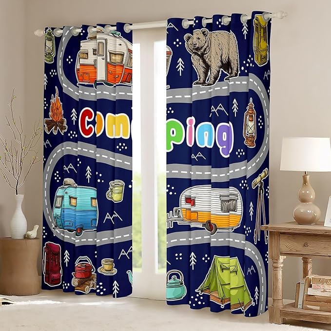 Feelyou Cute Rv Camping Camper Curtains for Bedroom Living Room Wildlife Animal Bear Blackout Shades Happy Camping Room Darkening Curtain Window Treatments, 2 Panels 52 x 63 Inch Decor