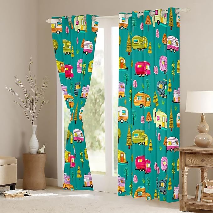 Feelyou Green Camper Camping Blackout Curtains RV Travel Trailer Darkening Drapes for Bedroom Living Room Decor Camping Theme Thermal Insulated Shades Window Treatments, 2 Panels 42 x 84 Inch
