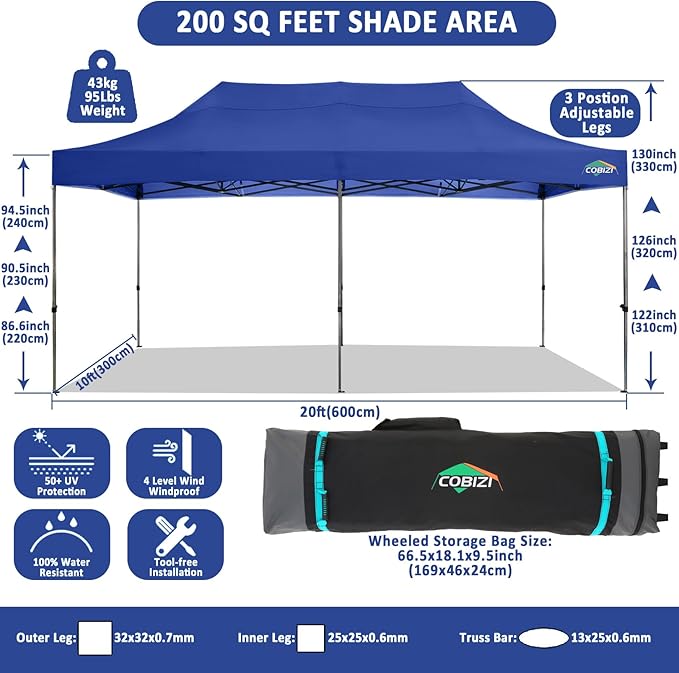 COBIZI 10x20 Pop Up Canopy Without Sidewall,Heavy Duty Canopy UPF 50+ All Season Wind Waterproof Commercial Outdoor Wedding Party Tents for Parties Canopy Gazebo with Roller Bag(10 x 20 ft Dark Blue)