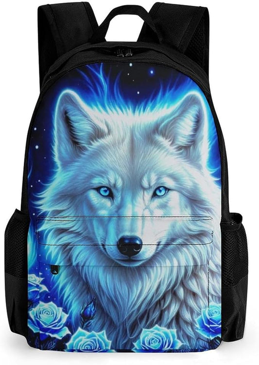 Daypack Backpack Polyester Anti-Theft Multipurpose White Galaxy Wolf With Blue Rose Bookbag Big Capacity Travel Hiking Camping Rucksack With Smooth Zippers