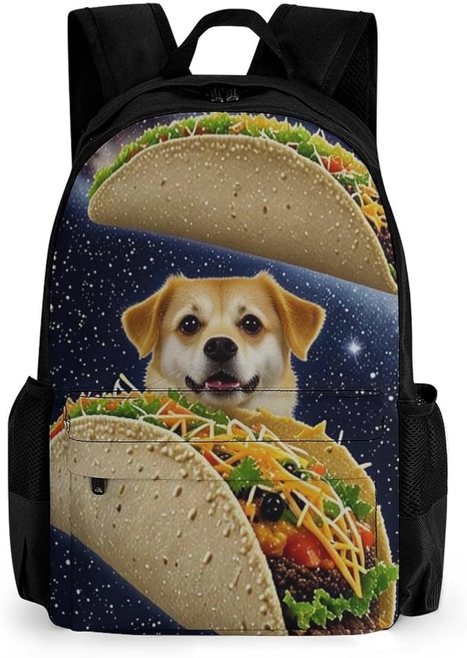 Supdreamc Men Women Lightweight Space Funny Corgi Dog Pizza Taco Casual Daypack Big Capacity Bookbag With Padded Straps for Gym Travel Walking Cycling