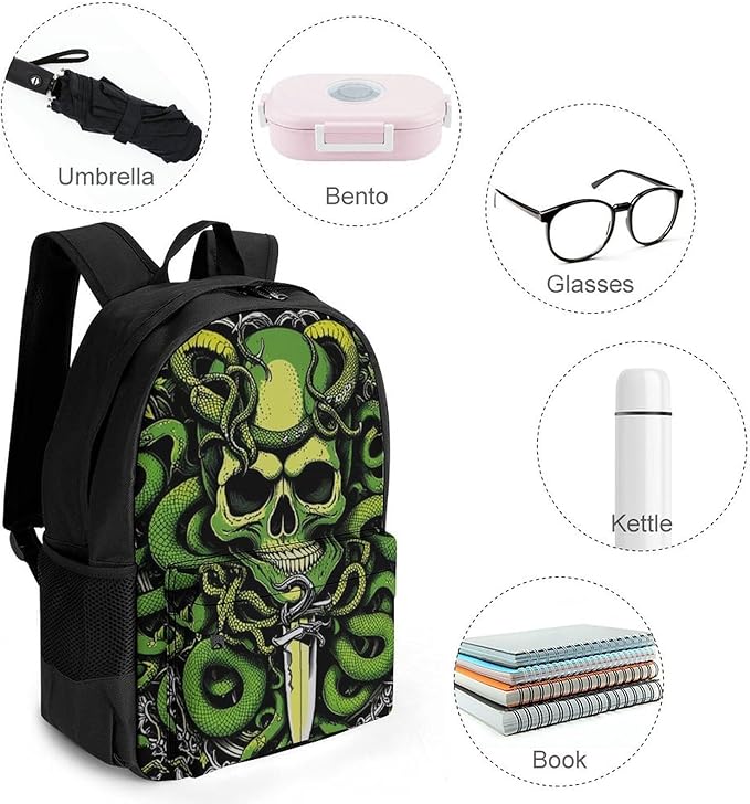Supdreamc Men Women Lightweight Medusa Skull Green Snake Art Daypack Bookbag Big Capacity Carry On Bag With Side Pockets for Camping Travel Bicycle