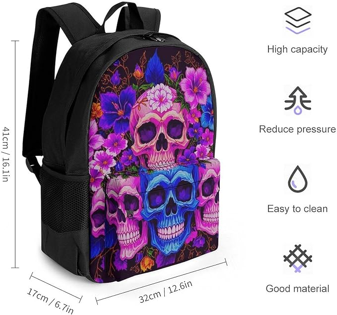 Lightweight Backpack for Gym Travel Bicycle, Big Capacity Multipurpose Anti-Theft Carry On Bag, Purple Psychedelic Mexican Sugar Skulls Day Of The Dead Floral Flowers Travel Hiking Bag Day Pack