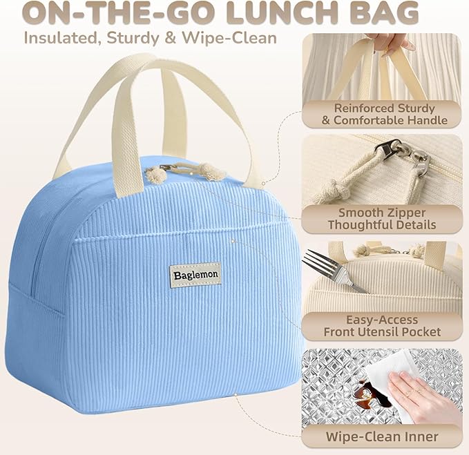 Lunch Bag for Women Men Cute Corduroy Lunch Tote Bags Reusable Insulated Lunch Box Large Capacity Reusable Insulated Cooler for Work/Picnic/Travel (Corduroy Light Blue)