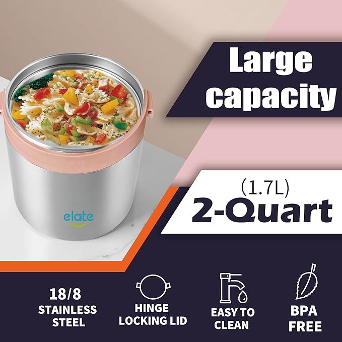 Elate 2-Quart Thermos Food Jar for Hot Food | 64oz Stainless Steel Vacuum-Insulated Camp Crock, Wide-Mouth Thermal Food Container, Portable Lunch Pot for Outdoor, Camping, Picnics, Trips, Potlucks
