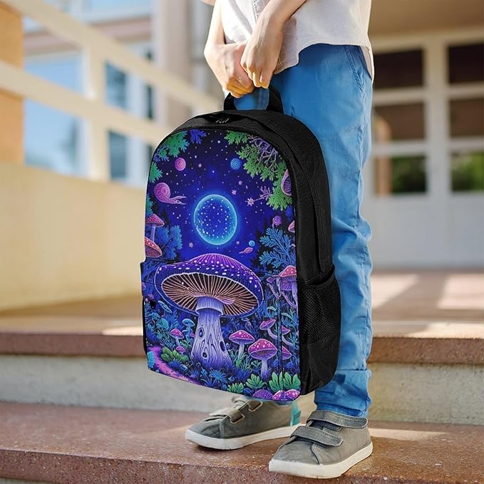 Supdreamc Backpack Polyester Anti-Theft Multipurpose Magic Mushroom Neon Purple Pattern Bookbag Large Capacity Laptop Book Bag Rucksack With Side Pockets